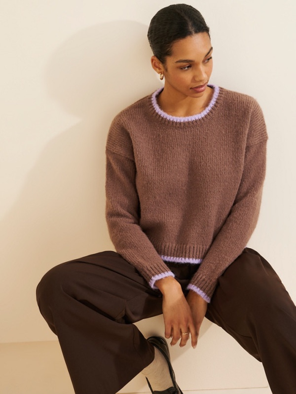 Self Contrast Size M Darla Brown Lilac Crew Neck Soft Cropped Pullover Sweater